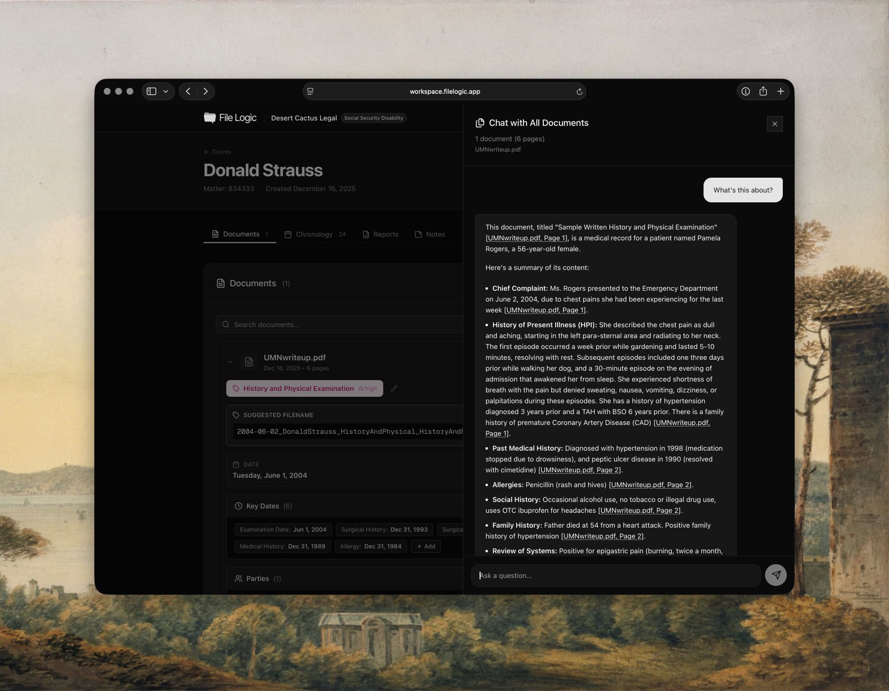 File Logic document analysis view showing question-answering with citations across uploaded records