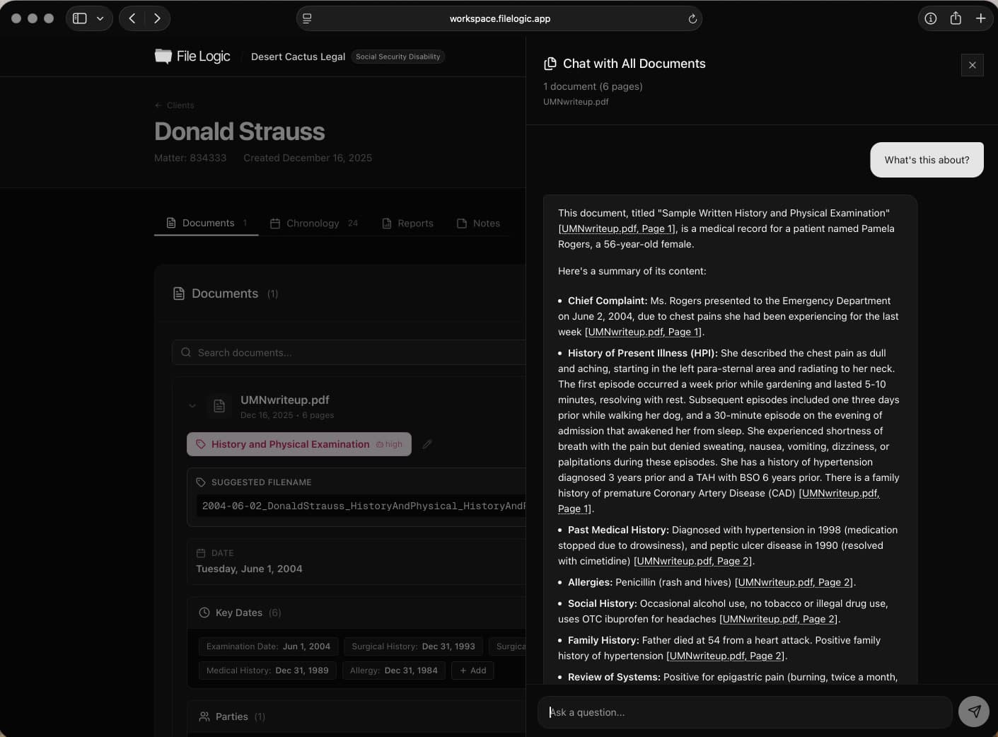 File Logic document analysis view showing question-answering with citations across uploaded records