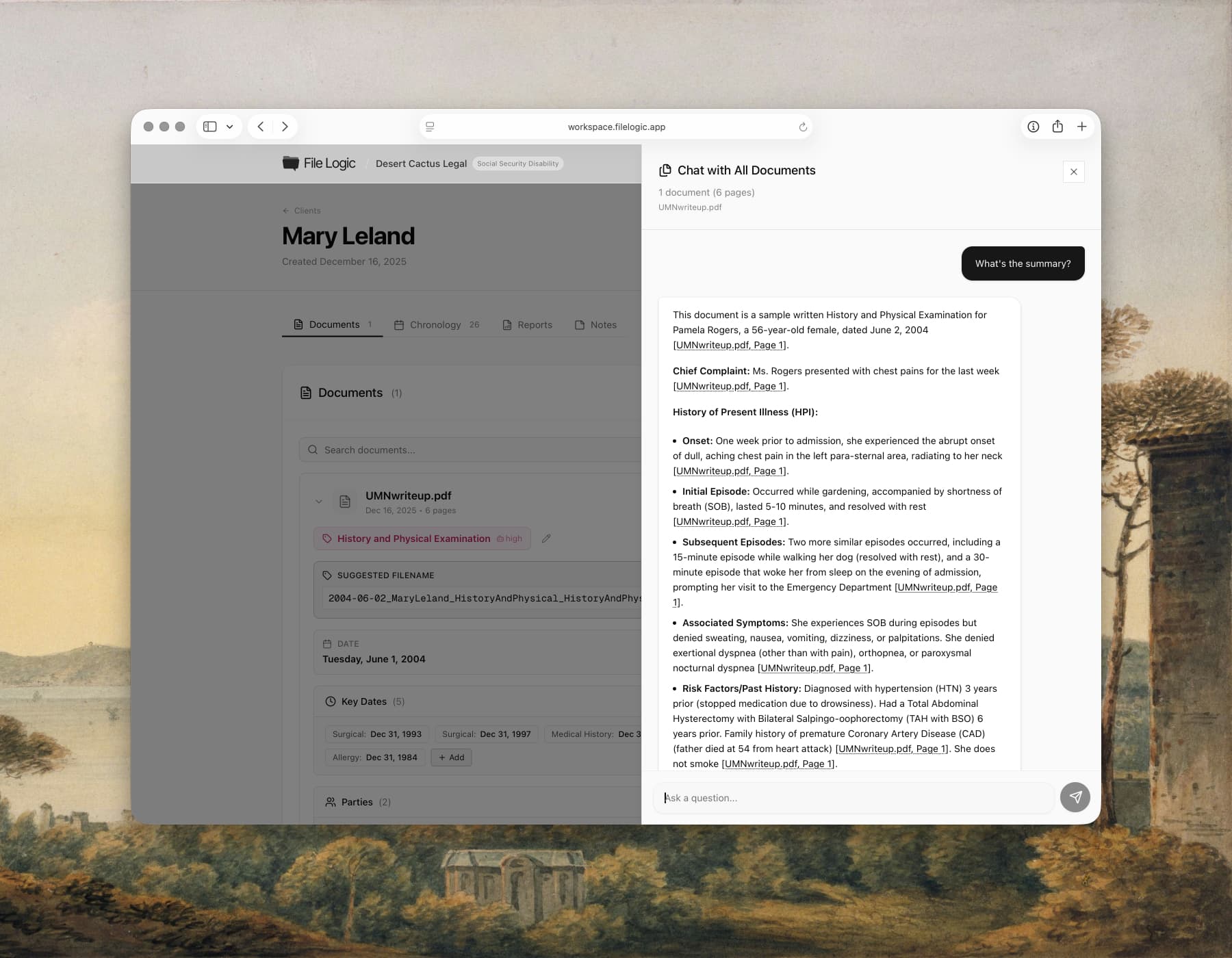 File Logic document analysis view showing question-answering with citations across uploaded records