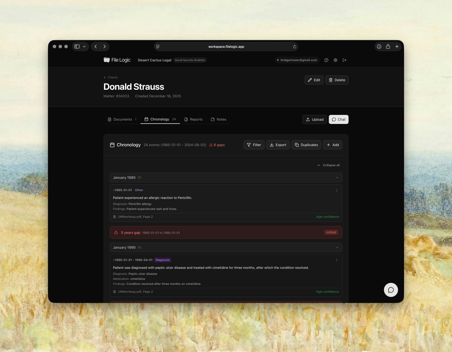 File Logic medical chronology showing extracted diagnoses, treatments, and dates