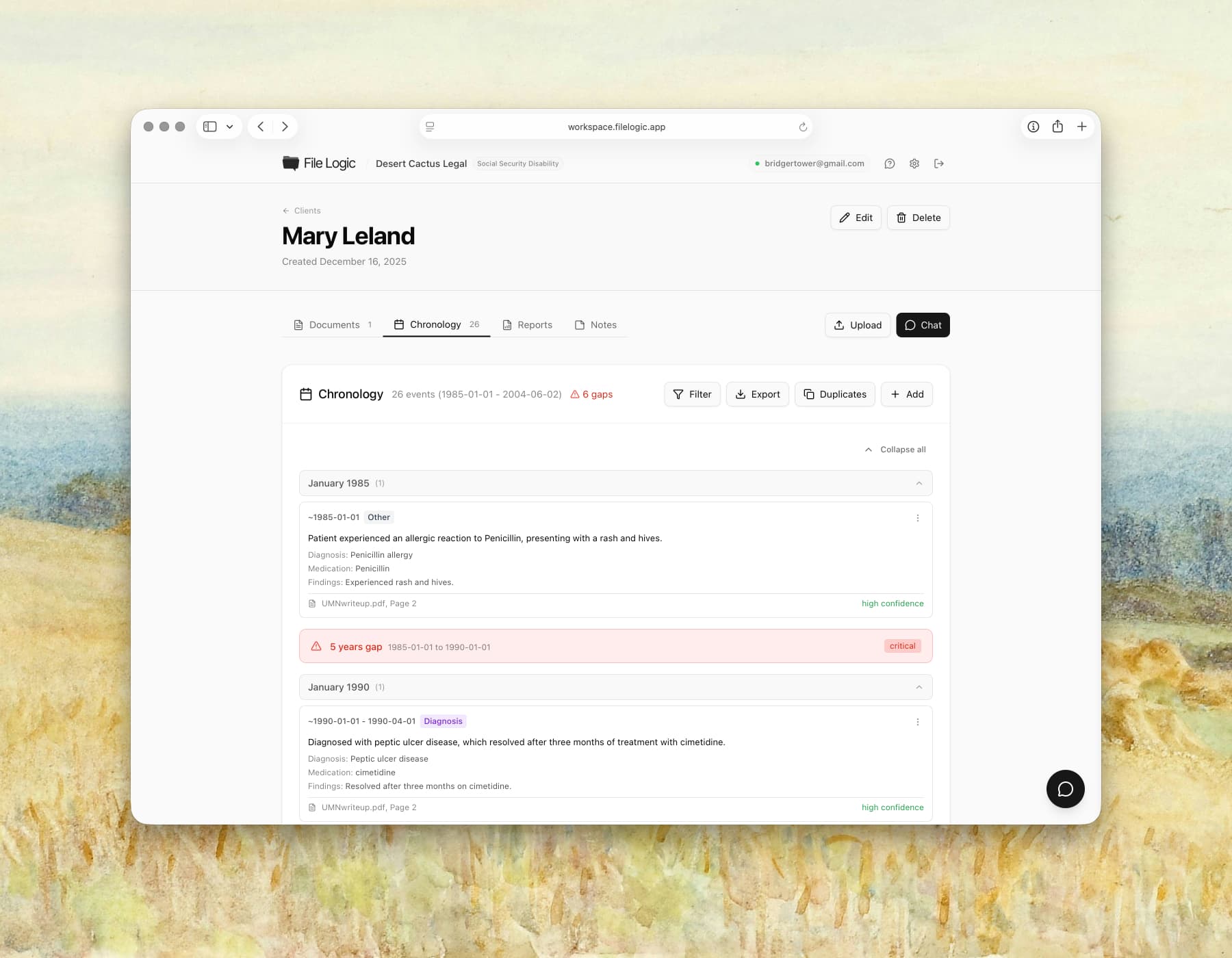 File Logic medical chronology showing extracted diagnoses, treatments, and dates