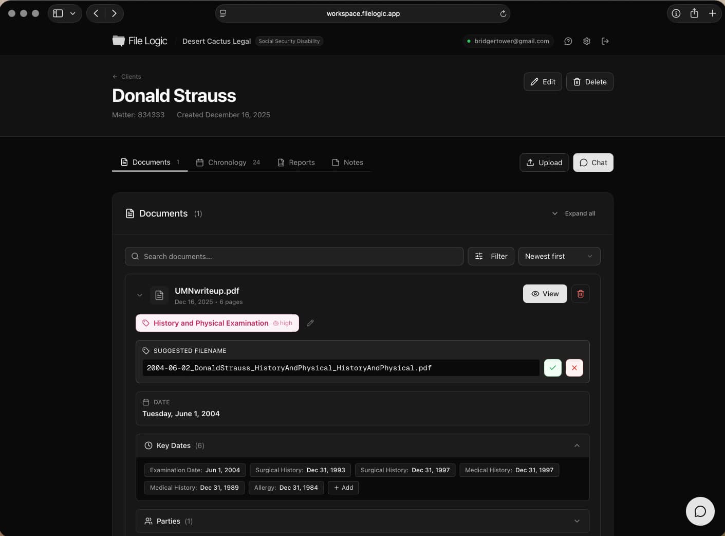 File Logic client dashboard showing documents and medical records