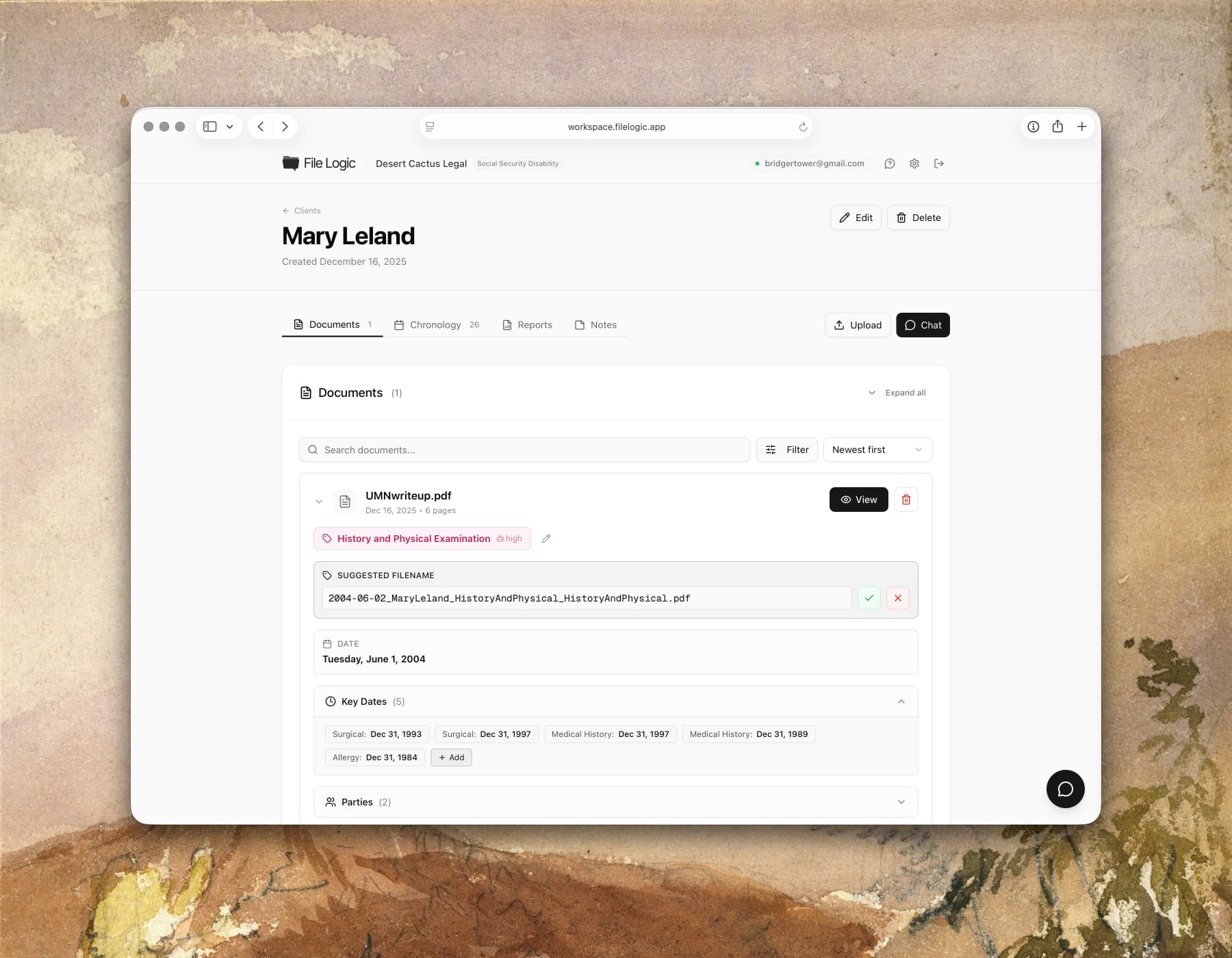 File Logic client dashboard showing documents and medical records