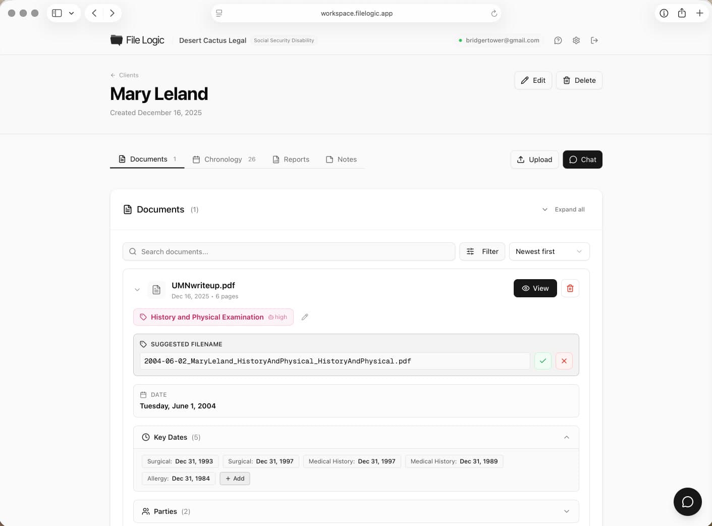 File Logic client dashboard showing documents and medical records
