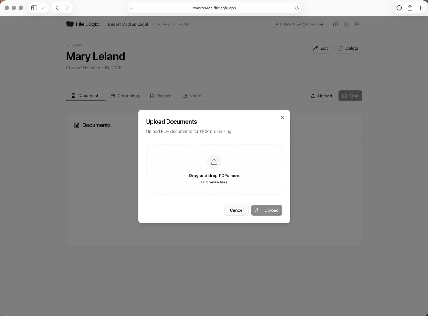 File Logic upload flow for scanned and native documents before OCR and analysis
