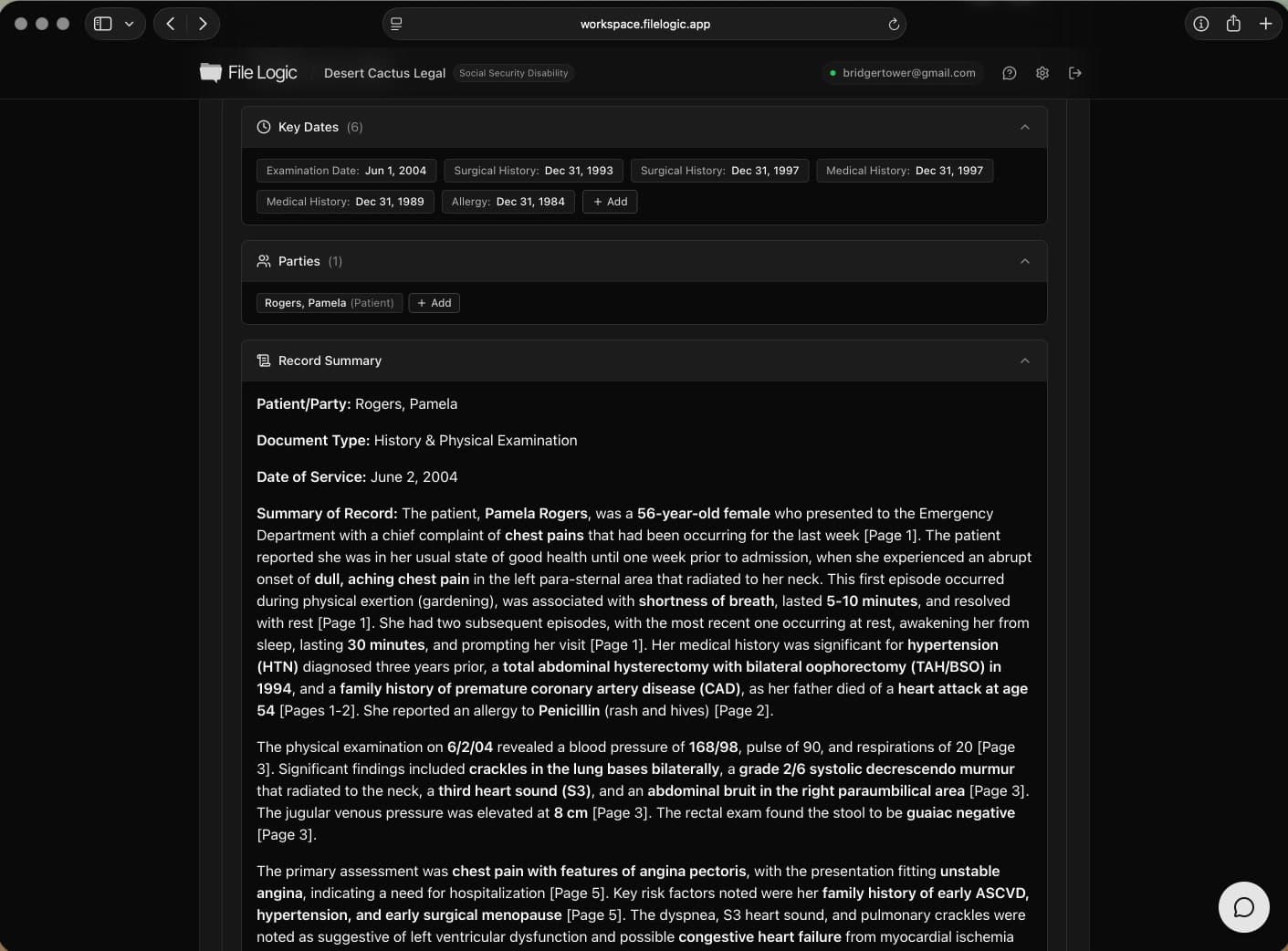 File Logic record summary generated from uploaded medical records