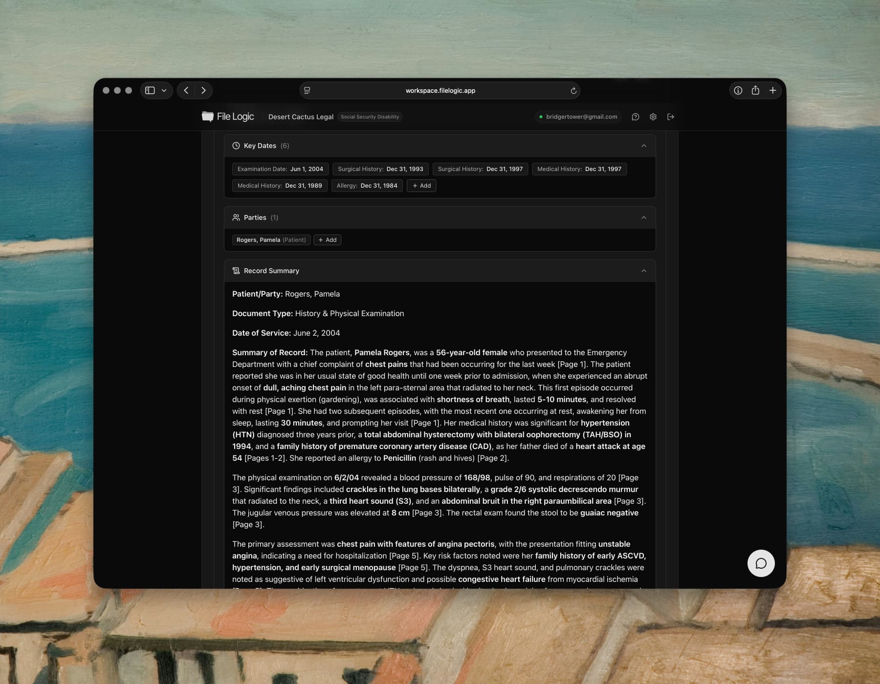 File Logic record summary view showing structured output derived from uploaded medical records