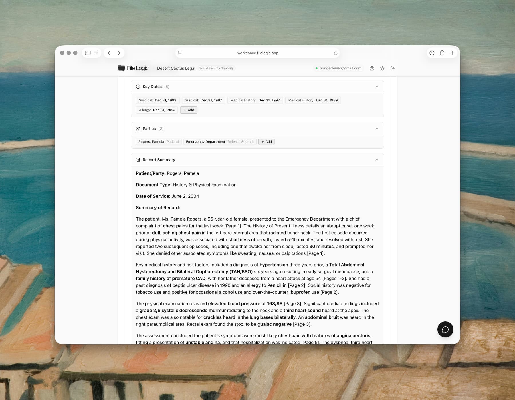 File Logic record summary view showing structured output derived from uploaded medical records