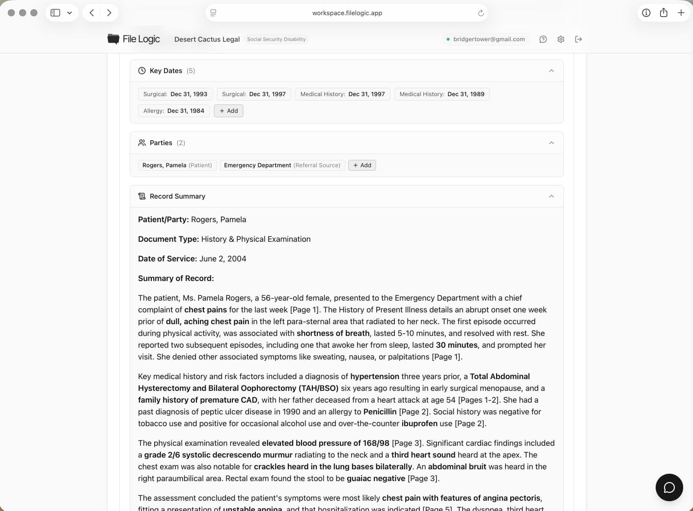 File Logic record summary generated from uploaded medical records