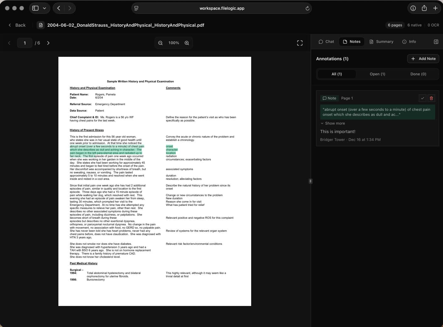 File Logic annotations and review view showing highlighted medical record findings and linked context
