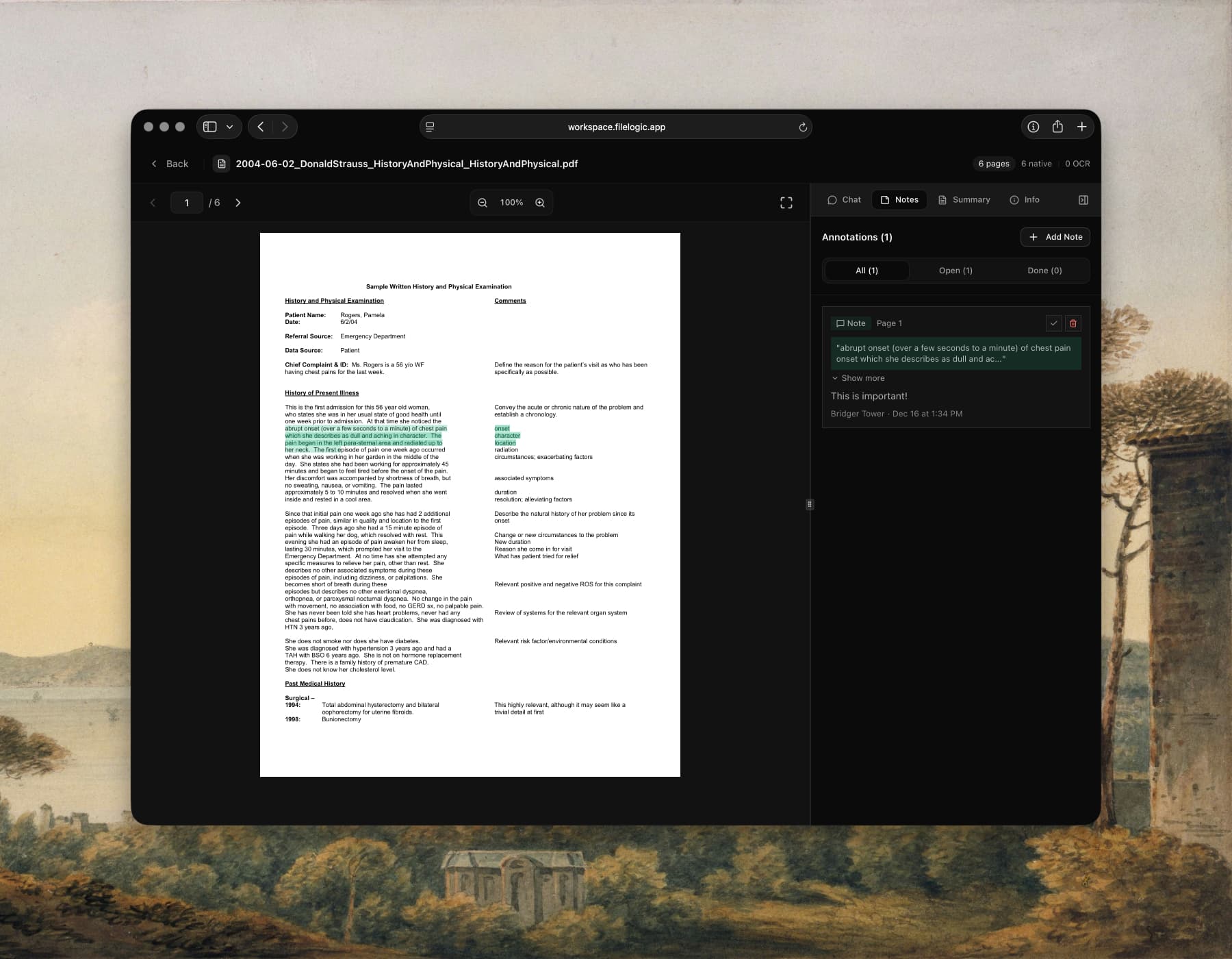 File Logic annotations and review view showing highlighted medical record findings and linked context