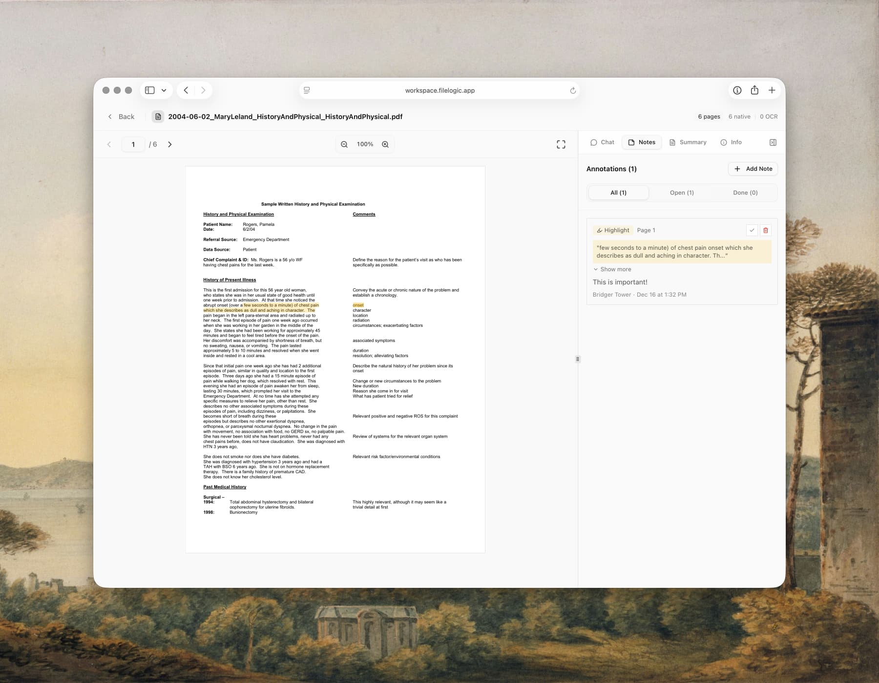 File Logic annotations and review view showing highlighted medical record findings and linked context
