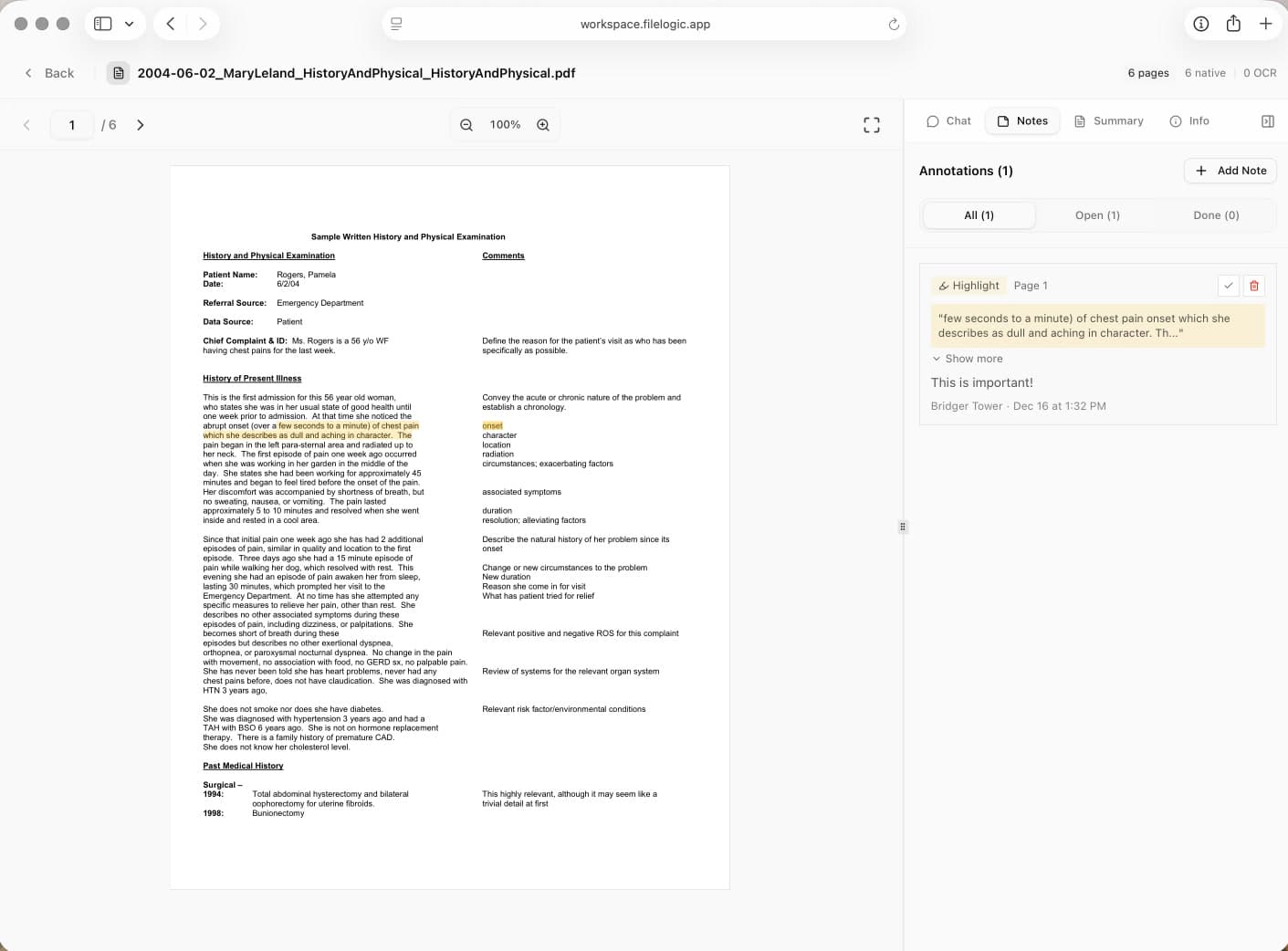 File Logic annotations and review view showing highlighted medical record findings and linked context